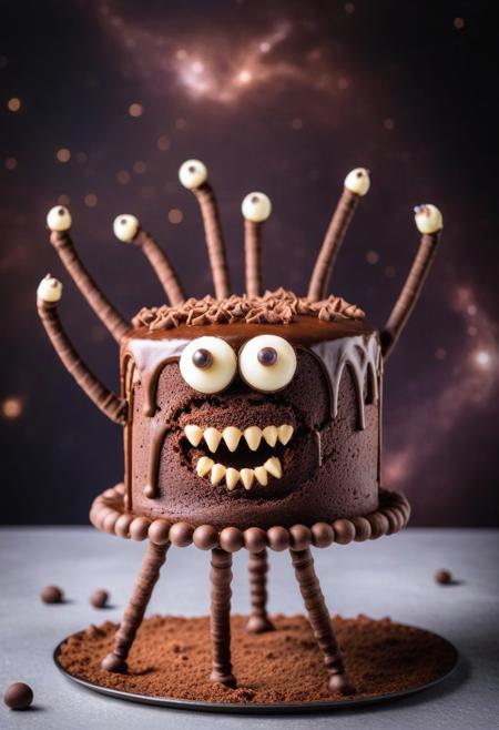 an expressive chocolate cake, detailed, perfect composition, googly eyes, sharp chocolate teeth  with extra long legs, in space. Close up, blurry background.