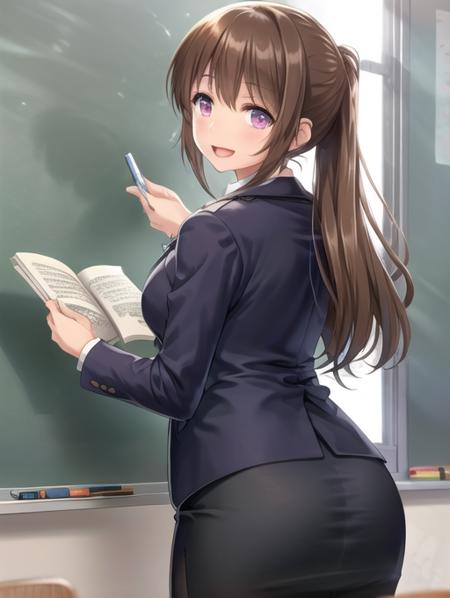 <lora:POVpizarra:0.7> POVpizarra, 1girl, solo, long hair, looking at viewer, smile, open mouth, skirt, brown hair, purple eyes, ponytail, ass, looking back, pink eyes, from behind, book, formal, suit, pencil skirt, teacher, skirt suit, pantylines, eraser, chalk