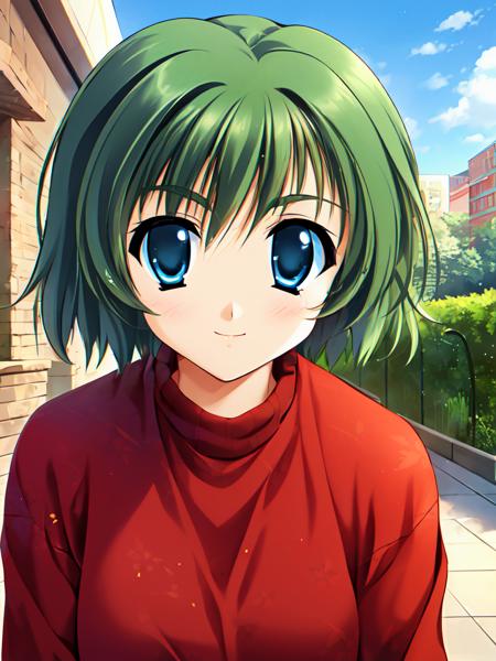 1girl, solo,solo focus,  ooba eimi, green hair, blue eyes,short hair, messy hair, green eyebrows,   teenage, 
facing viewer, smiley face, standing, 
red sweater,  prone bone, 
outdoors, 
 <lora:Eimi_chan_sama_V2:0.9>