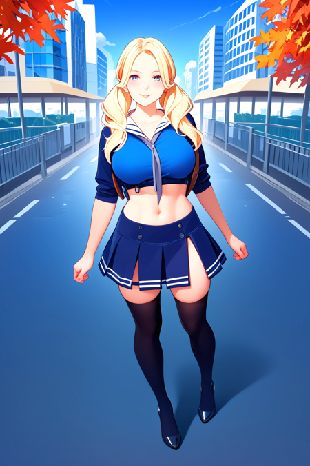 sapbd costume, blue crop top and skirt, thighhighs, blond, midriff,