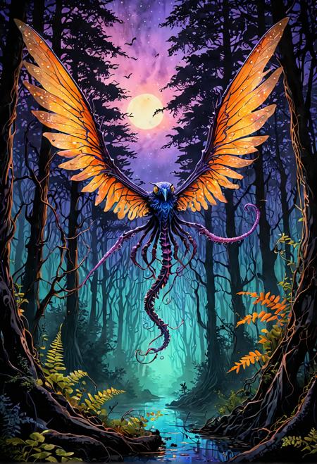 Creature: glowing purple tentacles, iridescent blue wings, bioluminescent green eyes, shimmering silver skin, wispy black tendrils, vibrant orange claws; Describe lighting: soft golden dawn, warm sunset, eerie moonlight, blazing starlight, dim candle flicker; Camera angle: swooping aerial shot, creeping low-angle crawl, hovering drone view, soaring bird's-eye capture, static fixed frame; Drawing style: whimsical cartoonish, sketchy watercolor, bold graphic, mixed media collage; Mix drawing styles: fantastical surrealistic dreamscaping, eerie abandoned asylum exploration, mystical ancient forest discovery.