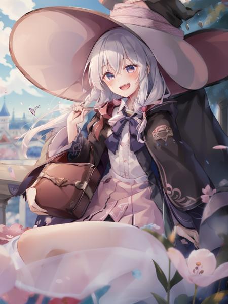 <lora:Elaina_v3.1:1>, 1girl, solo, looking at viewer, blush, smile, open mouth, bangs, blue eyes, skirt, shirt, long sleeves, bow, holding, hair between eyes, very long hair, white shirt, braid, flower, ahoge, grey hair, pleated skirt, outdoors, frills, sky, teeth, day, collared shirt, cloud, cape, blurry, tree, blue sky, blue skirt, petals, dress shirt, capelet, depth of field, blurry background, upper teeth only, bug, white bow, red flower, building, holding suitcase, butterfly, cloak, pink flower, high-waist skirt, center frills, black cape, tulip, witch hat,