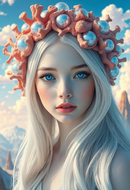 A surreal portrait of a futuristic, ethereal woman with iridescent spheres embedded in her flowing, pastel-colored hair. She has vivid, luminous blue eyes and soft, porcelain skin. The woman is wearing intricate, organic shapes in her headgear that resemble coral and glass. The background is a dreamy, otherworldly landscape with whimsical mountains and a sky filled with fluffy, cartoonish clouds. Highest-Quality, 4k, intricate details, visually stunning, Masterpiece