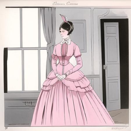 <lora:fashionplate:1>, fashion plate, victorian, 1860s, pink dress, indoors, ball gown