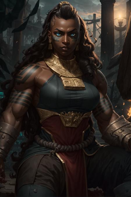 illaoi, 1girl, dark skin, long hair, muscular, solo, sitting, detailed face, ultra detailed eyes, looking at viewer, (cowboy shot), sunbeam, colosseum, battle, (masterpiece:1.2, best quality)