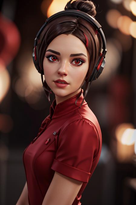 <lora:VRAMsDemi:0.5> vramsdemi, 1girl, solo, looking at viewer, brown hair, black hair, red eyes, makeup, headphones, high collar, red dress, short sleeves, headshot, bokeh