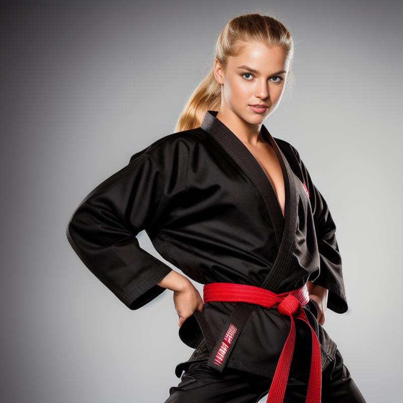 A beautiful blonde woman wearing a black karate uniform.