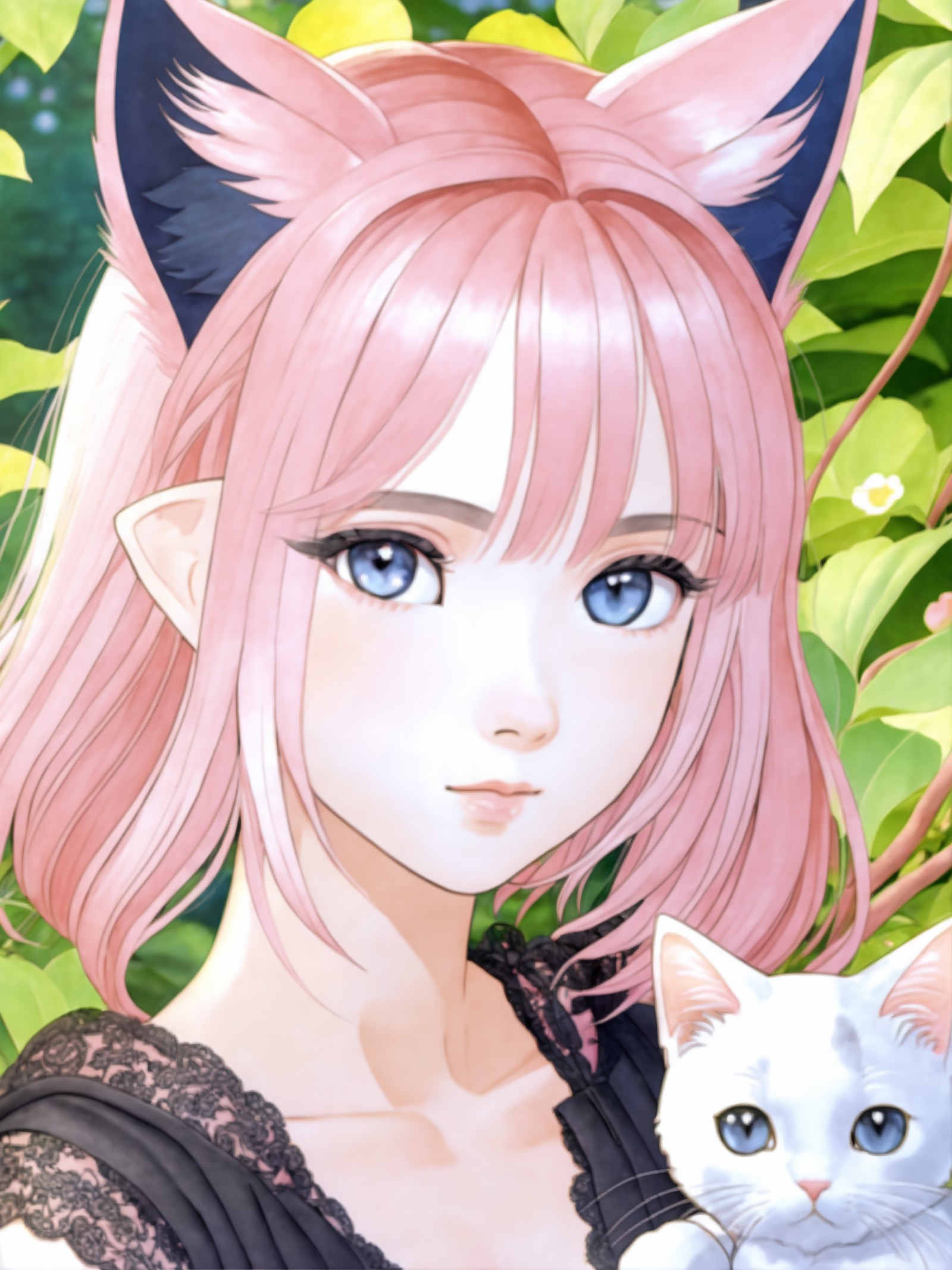 masterpiece, best quality, (1girl), tony taka, beautiful detailed eyes, looking at viewer, upper body, pink hair, shy, cat...