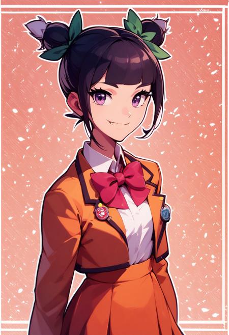 score_9, score_8_up, score_8, medium breasts, (curvy), cute, eyelashes,     
BREAK, 
AnnPkmnXL, 1girl, solo, hair bun, school uniform, smile, ribbon, bow, fang out, black hair, bowtie, double bun
BREAK,
smile, looking at viewer, cowboy shot, hip to the side, contrapposto, 
abstract background, white outline, 
zPDXL,