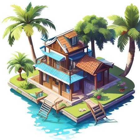 (masterpiece, top quality, best quality, official art, beautiful and aesthetic:1.2),(8k, best quality, masterpiece:1.2),CGgame building nsw, tree, no humans, water, (white background:1.3), (simple background:1.3), house, palm tree, grass, boat, watercraft, window, scenery, isometry, outdoor,<lora:CGgame building nsw:1>