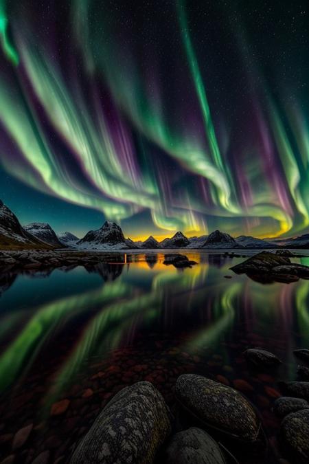 Stunning Aurora Borealis lighting up the night sky over the Lofoten Islands coastline, vibrant colors and dynamic movement in the sky, shimmering reflections on calm waters, high detail, long exposure effect, breathtaking scenery