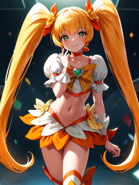 cure sunshine twintails, skirt, navel, boots, wrist cuffs, gem, short puffy sleeves, yellow ribbon