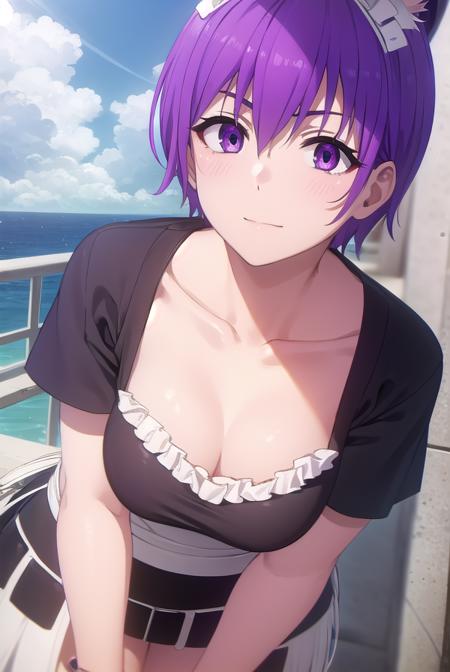 naruha sakuragi, short hair, (purple eyes:1.1), purple hair, shirt, bow, tail, short sleeves, bowtie, maid headdress, rabbit tail,