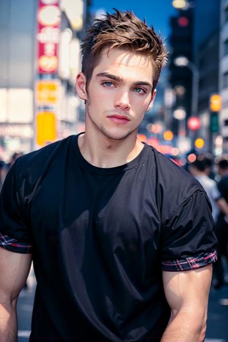 ((masterpiece)), ((best quality:1.2)), High Resolution, 8k, (ultra_realistic:1.3), (photorealistic:1.4), (instagram model, handsome:1.2), sharp focus, a photo of (dylansprayberrykm, Dylan Sprayberry), model pose, wearing black shirt, neon lights, walking in tokyo, shibuya crossing, multiple people everywhere, ((looking at viewer)), <lora:DylanSprayberryKM_16_v2:0.8>