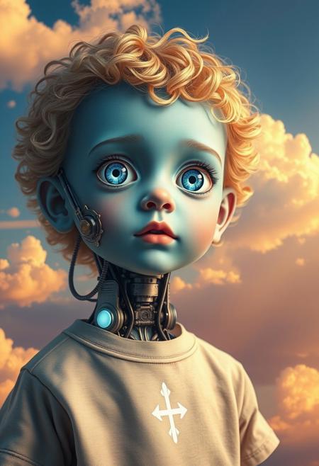 The image portrays a surreal depiction of a young child with bright, oversized, expressive eyes and blue, ethereal skin. Their face and neck are integrated with intricate biomechanical elements, giving the impression of a fusion between human and advanced technology. Their curly blond hair, glowing faintly, contrasts with the mechanical features. The background is a dreamy, vivid sky with soft, golden clouds illuminated by sunlight, enhancing the magical and futuristic feel of the artwork. The child wears a simple shirt adorned with a faintly glowing symbol, suggesting a connection to an otherworldly or futuristic society.