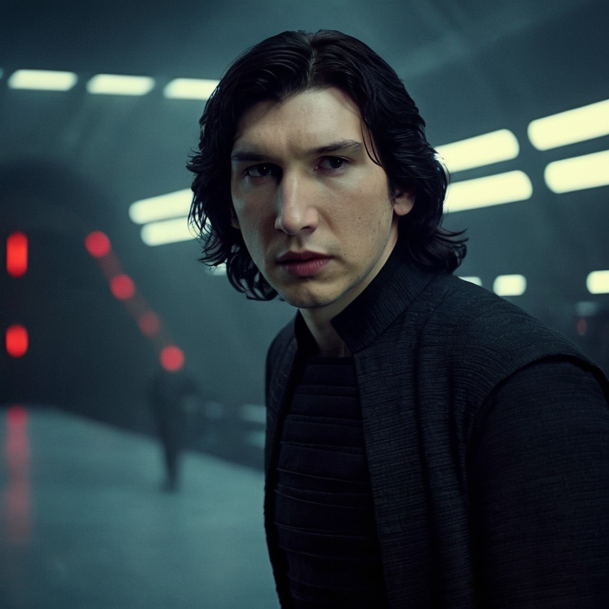 cinematic film still of  <lora:Ben Solo:1>
Ben Solo a man with long hair and a black shirt in star wars universe, shallow ...