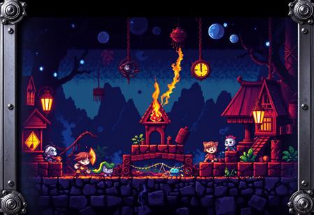 A retro-inspired pixel art animation reminiscent of classic video games from the 8-bit era, featuring charming sprites, catchy chiptune music, and nostalgic gameplay that transports viewers back to a simpler time. (masterpiece, award winning artwork) many details, extreme detailed, full of details, Wide range of colors, high Dynamic
detailmaximizer,gaming, magic silver frame, bronze object
