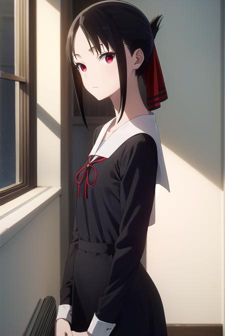 kaguyashinomiya, <lora:kaguya shinomiya s3-lora-nochekaiser:1>,
kaguya shinomiya, short hair, bangs, black hair, (red eyes:1.3), hair ribbon, sidelocks, folded ponytail, (parted bangs:1.5),
BREAK long sleeves, dress, ribbon, school uniform, collarbone, black dress, sailor collar, white sailor collar, red ribbon, neck ribbon, shuuchiin academy school uniform,
BREAK indoors, classroom,
BREAK looking at viewer, (cowboy shot:1.5),
BREAK <lyco:GoodHands-beta2:1>, (masterpiece:1.2), best quality, high resolution, unity 8k wallpaper, (illustration:0.8), (beautiful detailed eyes:1.6), extremely detailed face, perfect lighting, extremely detailed CG, (perfect hands, perfect anatomy),