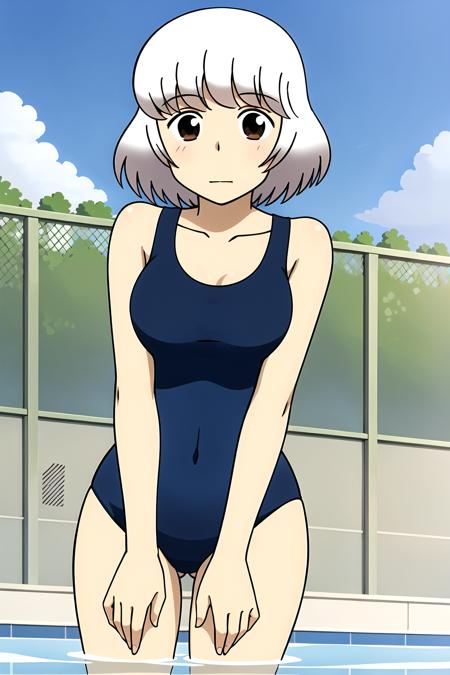 masterpiece, highly detailed, 1girl, rumiyokoi, swimsuit, outdoor pool, swimming pool, sunny, clouds, sky, water