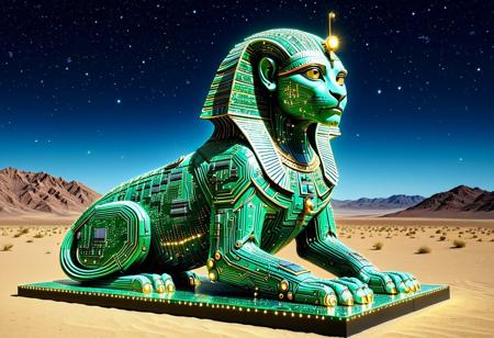Monumental Statue of a sphinx made of circuit board, desert scene, night, stars, constellations,
,glowing, magicNpolished, light,
very detailed, amazing quality, intricate, cinematic light, highly detailed, beautiful, surreal, dramatic,