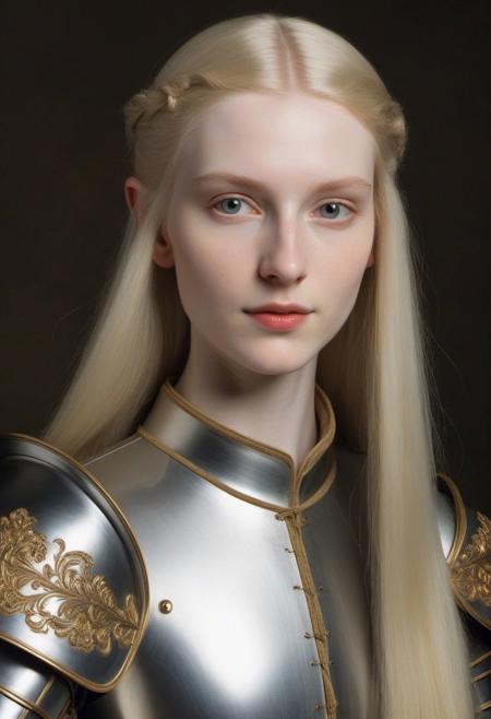 Portrait of an Elf Queen by Caravaggio, very pale skin, very long straight pale hair, 
wearing a Renaissance knght's plate armor, 
very long golden hair with silver highlights, kind face, inside a citadel,