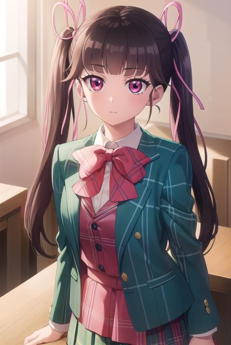 haruarisugawa, <lora:haru arisugawa s1-lora-nochekaiser:1>,
haru arisugawa, long hair, brown hair, ribbon, twintails, hair ribbon, (pink eyes:1.3),
BREAK bow, school uniform, jacket, green jacket,
BREAK indoors, classroom,
BREAK looking at viewer, (cowboy shot:1.5),
BREAK <lyco:GoodHands-beta2:1>, (masterpiece:1.2), best quality, high resolution, unity 8k wallpaper, (illustration:0.8), (beautiful detailed eyes:1.6), extremely detailed face, perfect lighting, extremely detailed CG, (perfect hands, perfect anatomy),