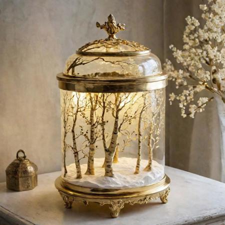 A beautifully crafted gold baroque style birch box, Glass fused light with rice paper, with the lid open fransforming to small birch trees, illuminating a beautifully decorated baroque style room, early evening light,
