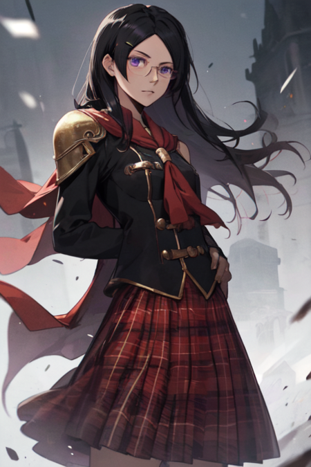 QueenFF, 1girl, solo, long hair, skirt, black hair, red cape, armor, plaid skirt, purple eyes, hairclip, shoulder armor, glasses, school uniform, 