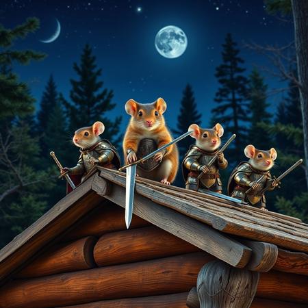 During a warm summer night a group of mice stay on the top of  a wooden roof 
 of wooden cabin in the middle of the  forest. Among them is a one big squirrel. All of them wear a medieval  knights  armors and hold  steel swords. with details, vivid colors,  seen under an electron scanning microscope