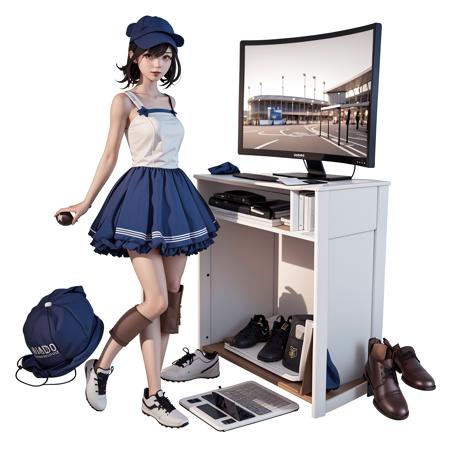 1girl, book, hat, cap, football, bottle, dress, computer, shoe, glass, white background, full body, 3d   <lora:fgs_lite:1>