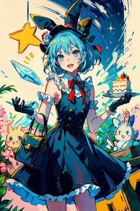 masterpiece, best quality,  <lora:cirno:1>,blue hair, cirno, multiple girls, blue eyes, wings, hat, gloves, food, bow, short hair, hair bow, dress, ice wings, 2girls, fairy, barefoot, fruit, top hat, black gloves, star (symbol), strawberry, long hair, blue dress, mini hat, sleeveless, ice, alternate costume, white headwear, holding, cake, bag, open mouth, blue bow, fairy wings, night, book, smile, ribbon, bowtie, rabbit, frills, red bow, flower, minigirl, 3girls, chain, english text, mini top hat, sleeveless dress, hair between eyes, white rabbit (alice in wonderland), outdoors, star (sky), looking at another, animal ears, full body, paper, 1girl, pocket watch, bangs, standing, closed mouth