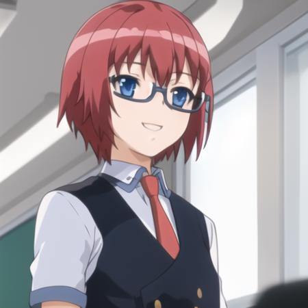 (masterpiece, best quality:1.2),illustration,8k,hd,1girl,solo,full body,smile,short_hair,blue_eyes,school_uniform,red_hair,necktie,glasses,semi-rimless_eyewear,under-rim_eyewear,wristwatch,black_pants,black_vest,school_uniform,short_sleeves,<lora:Misaki Raika>,