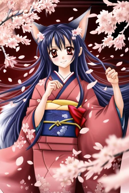 1 girl, fox ears, kimono, cherry blossoms, petals <lora:retrocute:0.8>