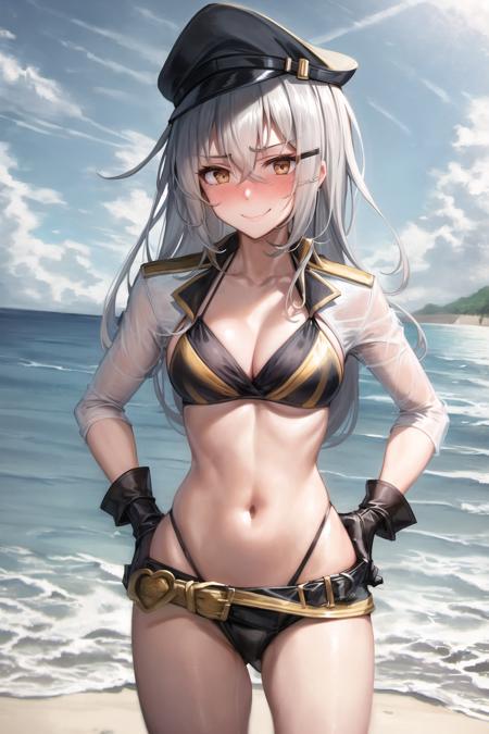 absurdres, 1girl, gangut \(kancolle\), <lora:GangutV5:0.75>, (alternate costume:1.2), smile, embarrassed, (bikini:1.1), scar on face,  hand on hip, gloves, light blush, beach, ocean, beach