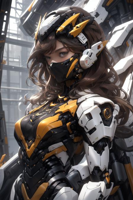 anchemixmecha, mechagirl002, 1girl, solo, brown hair, looking at viewer, breasts, long hair, upper body