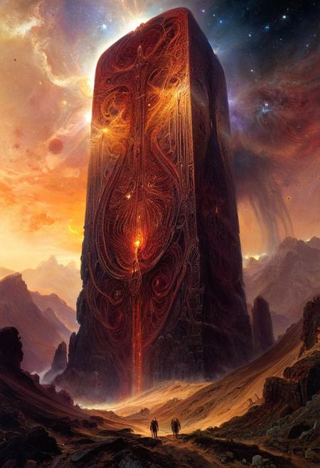 The lovecraftian depiction of the unimaginable inevitable endless cosmic horror coming from the deadly void of space in the form of the giant irritating ethereal indescribable ancient non-euclidean monolith, high quality, detailed, intricate details, masterpiece, UHD 16K, professional photograph, by thomas moran, by zdzislaw beksinski