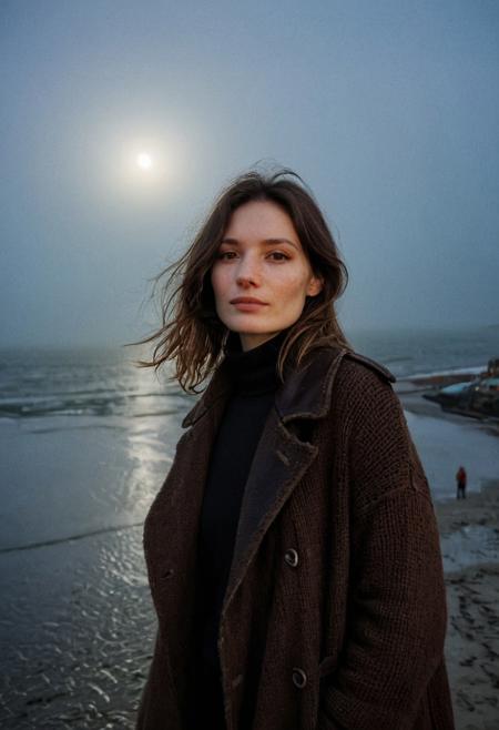 A beautiful 35mm photo of a 30 year old Dutch woman, polaroid photo style, ((turtleneck sweater)), ((leather trenchcoat)), ((full body:1.2)), polaroid film style, she has a comely face, shy smile, in love, pale skin, very dark eyes, chocolate brown hair, straight hair, 70's fringe, beautiful mouth, long face, narrow chin, freckles on nose, birthmarks on stomach, she is slim, natural tits, perfectly shaped tits, pubic hair, ultra realistic, extremely detailed, highly detailed eyes, realistic eyes, highly detailed skin, realistic skin, on the beach at the Dutch coastline, foggy 
cloudy, beautiful lighting, soft natural light, night, dark, moonlight, moon, starry night, perfect light, Rembrandt style light, 8k resolution, masterpiece, 35mm,Camera="Hasselblad X1D 50c", Lens="Hasselblad XCD 90 mm f/3.2 ", "Aperture-of=f/2.8", "ISO=100", film grain, (ultra high res:1.2),(photo-realistic:1.3) (skin pores:1.1)