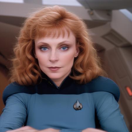 <lora:tngcrusher:1> professional headshot, woman in blue starfleet uniform