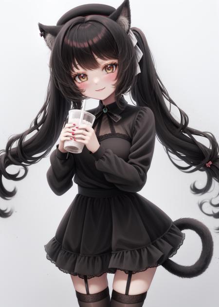 masterpiece, best quality, 1girl, solo, animal ears, brown hair, tail, thighhighs, smile, cat tail, cat ears, dress, looking at viewer, twintails, long hair, holding, blush, garter straps, holding cup, long sleeves, bow, black dress, cowboy shot, cup, hat, cat girl, closed mouth, zettai ryouiki, black thighhighs, animal ear fluff, bangs, black headwear, hair bow, beret, white background <lyco:Yuu-sv_fro-0.85-16:1.0>