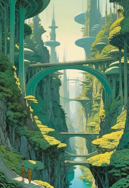 A dense forest with towering trees and soft sunlight, a futuristic bridge connecting distant mountains, green and gold, the futuristic span, in the style of Jean Giraud, in the style of Moebius