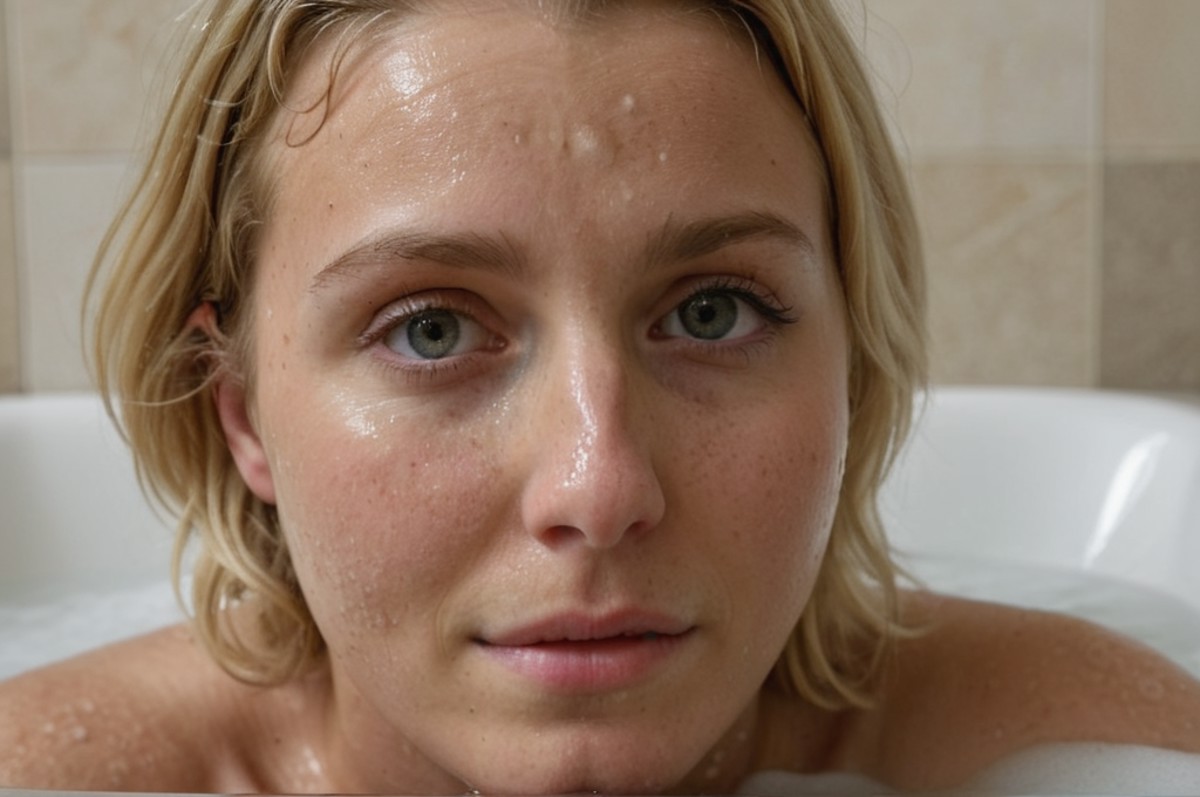 Cropped out face, A up close selfie photo of a 30 year old blonde Sensual european woman enjoying bubble bath, ultra detai...