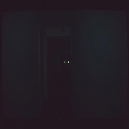 Found footage camera still of a dark, liminal empty office. The image has film grain and fuzziness, and the angle is slightly tilted from the camera being on the ground. A dark shadowy entity hides behind a wall, peaking around the corner to stare at the camera with glowing white eyes