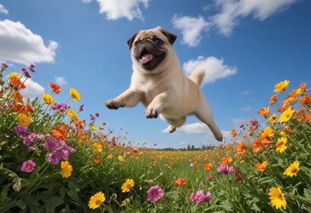 Highly detailed photograph of a pug puppy leaping through the air above a field of colorful flowers. Side view. Floppy ears, big eyes, very cute, very happy, joyful. Blue sky with fluffy clouds. Bright sun, god rays.
