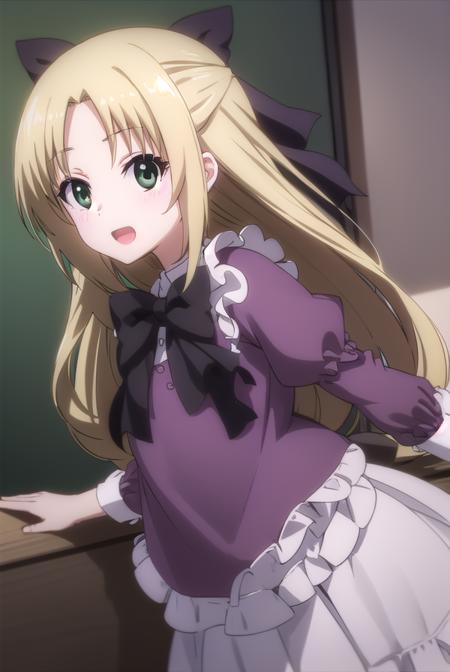 chizuruakaba, <lora:elise toudou s2-lora-nochekaiser:1>,
elise toudou, long hair, blonde hair, (parted bangs:1.5), (green eyes:1.3), smile, open mouth,
BREAK bow, hair bow, bowtie, dress, frills, puffy sleeves, purple dress, skirt,
BREAK indoors, classroom,
BREAK looking at viewer, (cowboy shot:1.5),
BREAK <lyco:GoodHands-beta2:1>, (masterpiece:1.2), best quality, high resolution, unity 8k wallpaper, (illustration:0.8), (beautiful detailed eyes:1.6), extremely detailed face, perfect lighting, extremely detailed CG, (perfect hands, perfect anatomy),