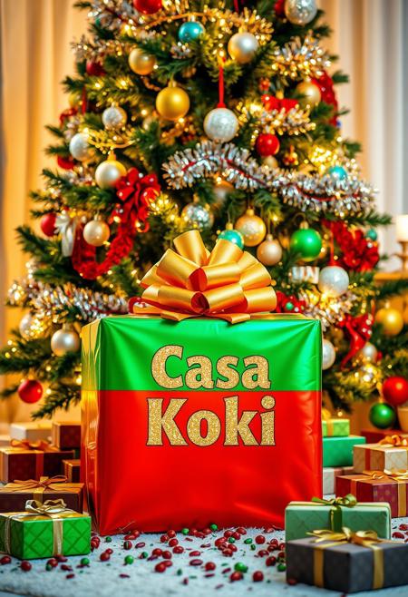 a professional slr leika photograph - A vibrant, festive Christmas scene featuring a beautifully decorated Christmas tree, adorned with shimmering tinsel, colorful ornaments, and glowing fairy lights. Beneath the tree, surrounded by a sprinkle of presents, stands a large, bold box as the centerpiece. The box is wrapped in glossy red and green paper with an oversized golden bow, prominently labeled in bold, glittering text: 'Casa Koki.' The room is softly lit with the warm glow of the tree lights, creating a cozy holiday atmosphere.