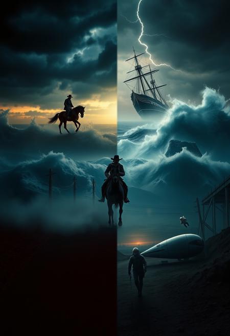 A powerful, multi-scene composition capturing the essence of four lives across different eras, each connected by the spirit of the Highwayman.
**First Scene:** A dark, misty road at dusk with a lone highwayman on horseback, his figure partially obscured by shadows. The horse rears as they approach a distant gallows, the tension palpable as he rides into danger.
**Second Scene:** A storm-tossed ship battles through towering waves under a stormy sky. A determined sailor clings to the rigging as lightning splits the darkness, the ship fighting against the fury of the sea.
**Third Scene:** A vast, dusty construction site during the Industrial Revolution. A rugged worker stands before an imposing, unfinished dam, surrounded by heavy machinery. His face reflects the hardship and sacrifice of building this monumental structure.
**Fourth Scene:** A sleek spacecraft drifts through the cold void of space, damaged but resilient. A lone astronaut floats outside, tethered to the ship, making critical repairs against a backdrop of glowing nebulae, symbolizing the endless frontier of exploration.