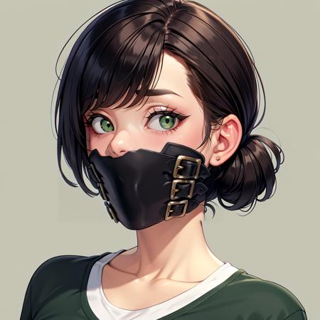 bucklepanelgag,1girl, [[[mouth mask]]] solo,adult mature woman,brown Medium Length Sleek Low Ponytail Hairstyle hair, portrait age 30, standing, day, (green tshirt), jeans,high quality, best quality,  shadows,   <lora:bucklepanelgag2:0.7>