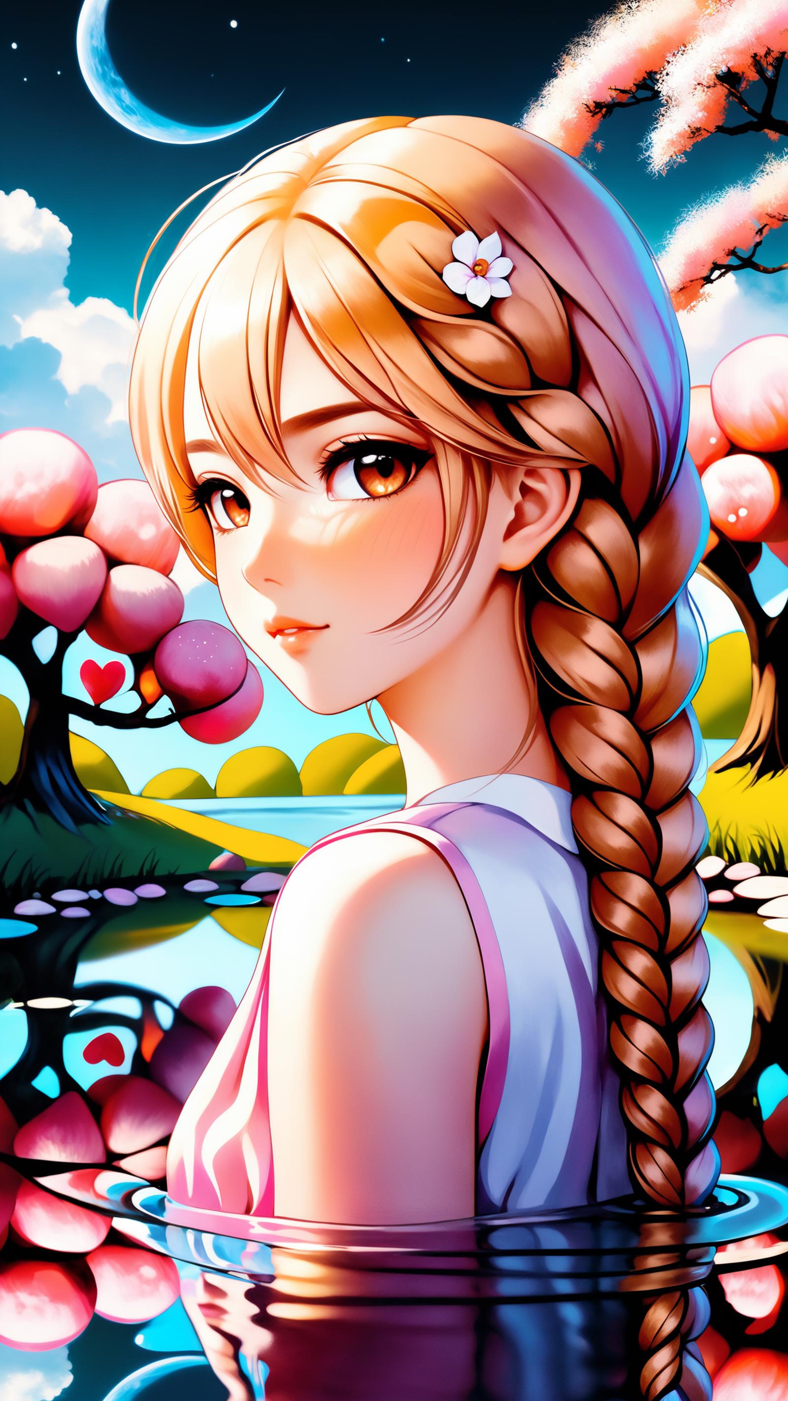 A beautifully drawn illustration of a young girl with long blonde braids, pink cheeks, and a flower in her hair.