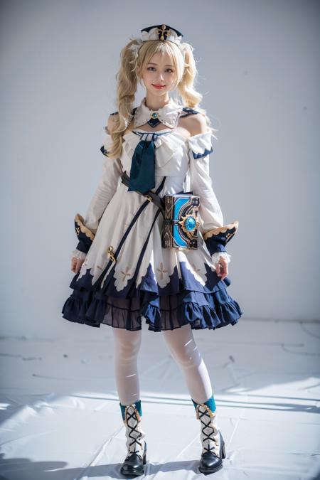 best quality, masterpiece, photorealistic, 1girl, solo, standing, arms at side, full body, looking at viewer, smile, closed mouth, barbara cosplay costume, cosplay, blonde hair, hair between eyes, twintails, dress, long sleeves, hat, detached collar, book, waist bag, white pantyhose, boots, simple background, <lora:genshin_Barbara_cosplay_v1:0.7>