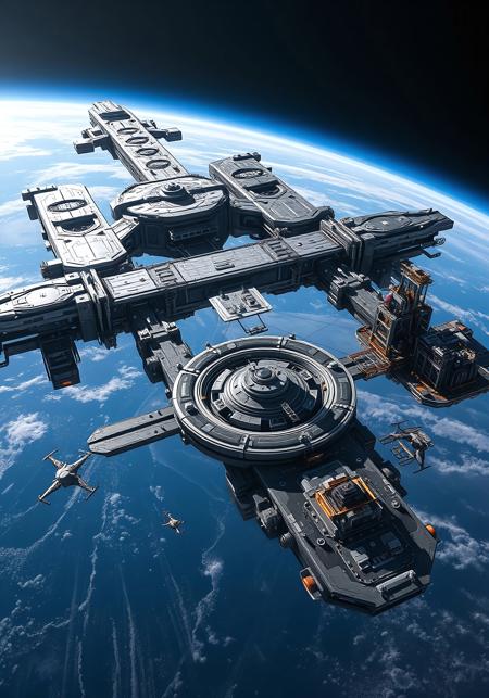 A colossal orbital space dock floats above Earth in high orbit, designated as "Orbital Forge." This C1-tier modular station spans over 15 kilometers, anchored at Lagrange Point L1. Massive drydock arms extend outward like giant mechanical spines, capable of servicing and constructing spacecraft up to 10 kilometers in length. Hexagonal docking ports, magnetic mooring clamps, and articulated gantry cranes dominate the structure's frame. Below, solar array fields shimmer, powering fusion-based infrastructure and AI-directed robotics. A rotating gravity ring, 500 meters in diameter, spins slowly at the end of a central truss, housing over 1,000 crew members. Cargo pods, drones, and utility skimmers dart between modular habitat bays, industrial tanks, and scaffolded ship skeletons under construction. Earth hangs immense and blue in the background, while the Sun casts harsh glints on metallic surfaces and glowing thruster ports.

Style: realistic sci-fi, cinematic space epic, sharp structural detail, wide angle view.

